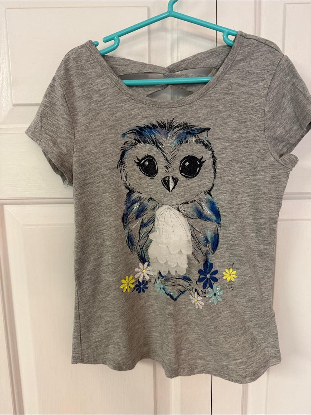 Justice Gray Tee with Blue & Yellow Owl Graphic